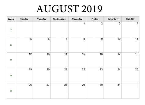 Printable August 2019 Blank Template Monthly Calendar Template