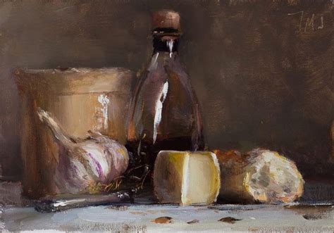 Still Life With Confit Pot Garlic Balsamic Vinegar Bread Cheese And