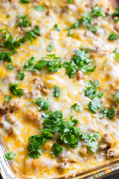 We use 85/15 lean ground beef for this recipe and recommend that you do not go with anything leaner, as the higher fat percentage both contributes to the filling's rich flavor and keeps it from drying out while baking. Beef Enchilada Casserole Recipe - Thrift and Spice