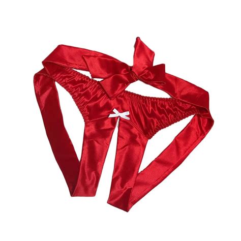 porn sexy undwear women panties open crotch satin silk bowknot g string thong crotchless