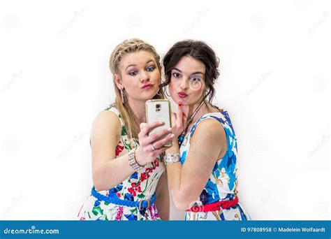 Two Friends Taking A Selfie With Smart Phone Stock Photo Image Of