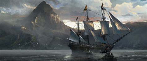 A Painting Of An Old Sailing Ship In The Ocean With Mountains In The