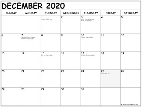 Included in this list are religious dates, notable dates and federal holidays. December 2020 calendar with holidays
