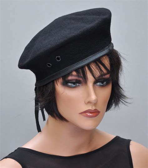 Black Wool Beret Womens Winter Hat French Army Beret Leather