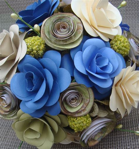 Paper Flower Wedding Bouquet In Blues Sage And Ivory With