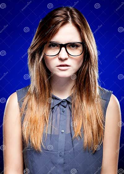Portrait Of Strict Young Woman With Nerd Glasses Stock Photo Image Of