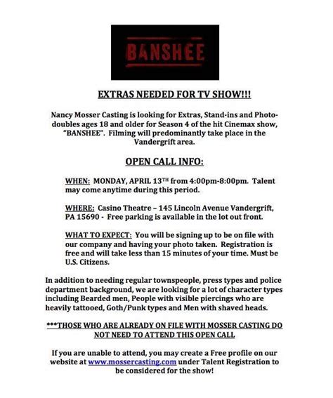 Whether you have experience or not isn't a factor for you to complete the casting call submission process. Open Casting Call in Pennsylvania for TV Show "Banshee ...