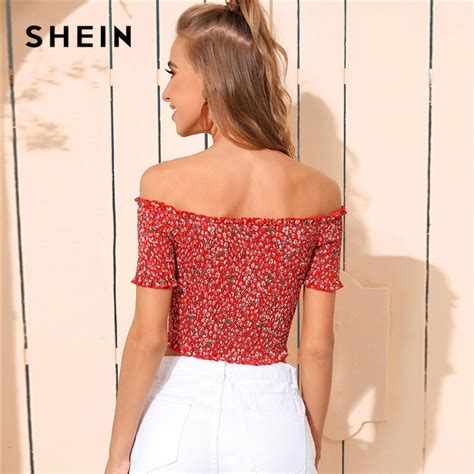 Shein Red Ditsy Floral Shirred Bardot Crop Top Women 2020 Boho Off