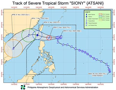 The gray line extending through these symbols represents the past track, showing where the center of the storm. Severe Tropical Storm Siony may become a typhoon