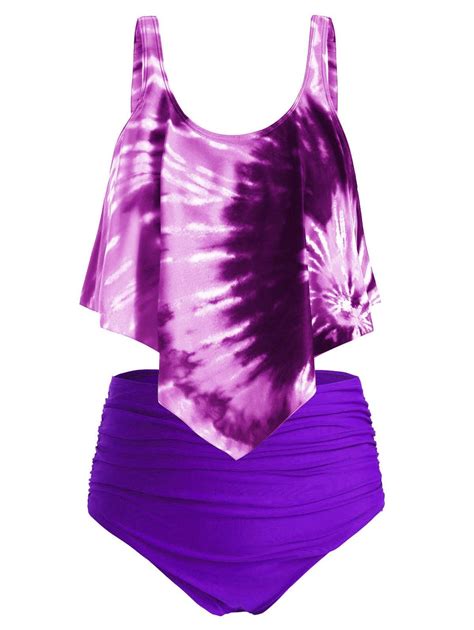 Plus Size Ruffled Tie Dye Ruched Tankini Swimsuit High Waisted