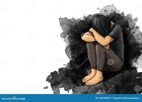 Illustration Of Sad Woman Hug Her Knee And Cry With Copy Space Stock