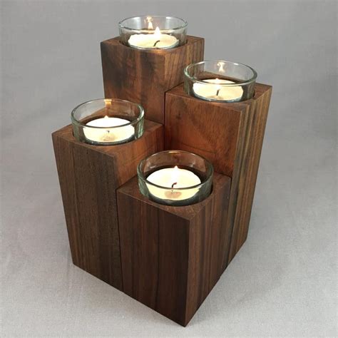 Wooden Tealight Candle Pillars Set Of Four In 2021 Wood Candle