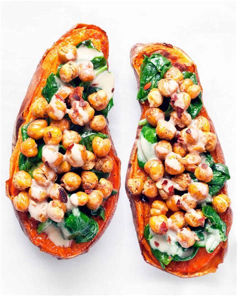 Chickpea Spinach Stuffed Sweet Potatoes With Tahini Last Ingredient Recipe Recipes Sweet