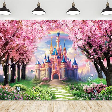 Disney Castle Backdrop 7x5ft Spring Dreamy Pink Sakura Flowers