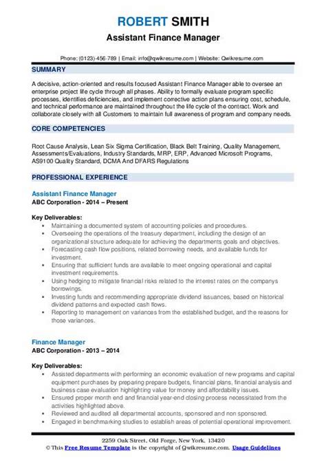 An assistant finance manager is a financial professional who undertakes financial activities of the organization. Finance Manager Resume Samples | QwikResume