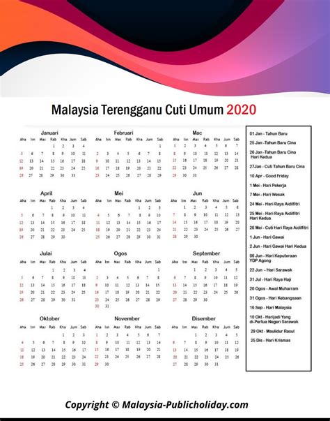 Click for malaysia public holidays 2020. Terengganu Cuti Umum Kalendar 2020