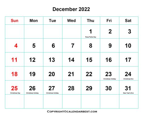 Free Printable December Calendar 2022 With Holidays
