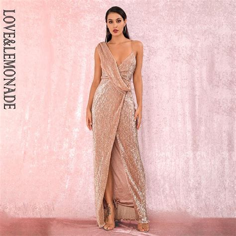 Sexy Maxi Dress Rose Gold Sequins Deep V Neck With Split