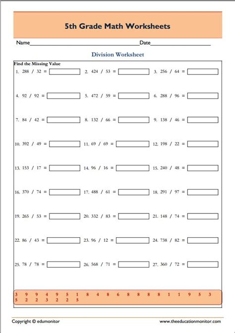 free 5th grade division math worksheets