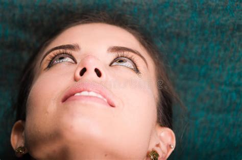 Headshot Closeup Young Brunette Model Posing While Tilting Head