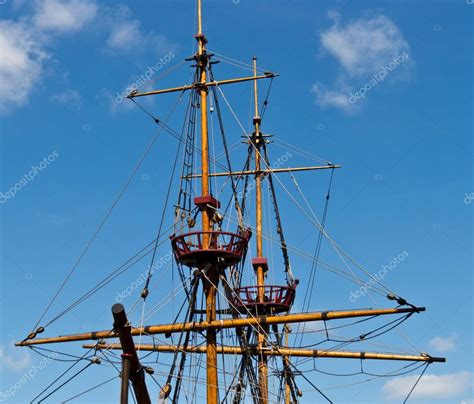 Mast Of Old Sailing Ship With Rigging And Lookout Stock Photo By