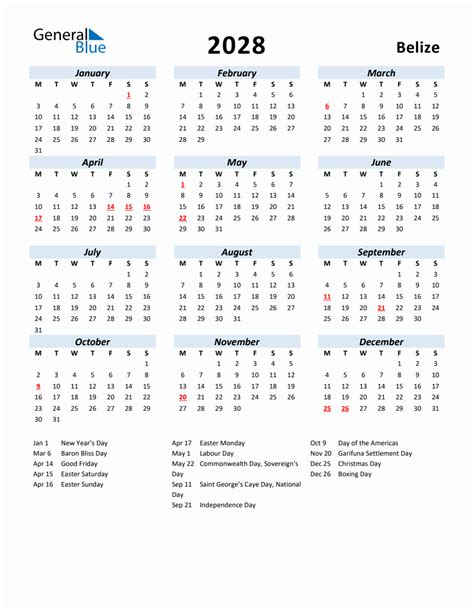 2028 Yearly Calendar For Belize With Holidays
