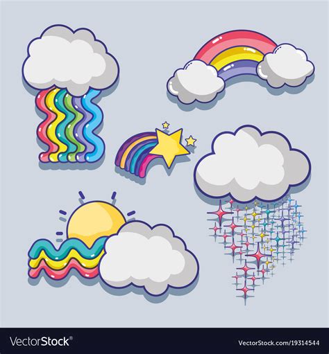 Set Cute Rainbows With Clouds Design Royalty Free Vector