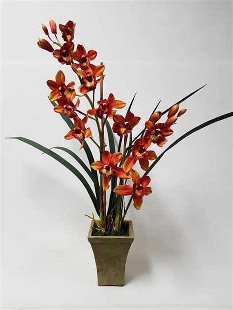 Artificial Cymbidium Orchid Plant Orange 80cm Desflora