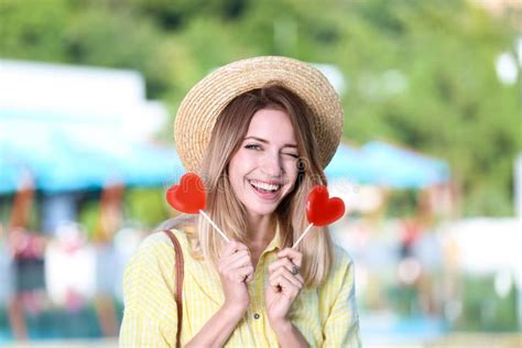 Beautiful Smiling Woman With Candies Stock Photo Image Of Caucasian