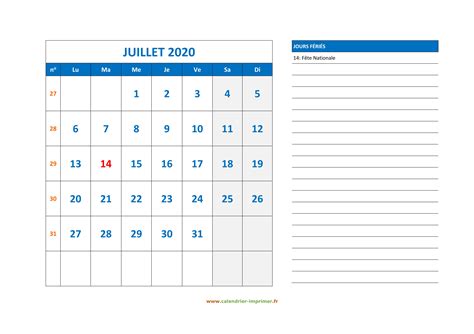 Calendrier Juillet 2020 à Imprimer