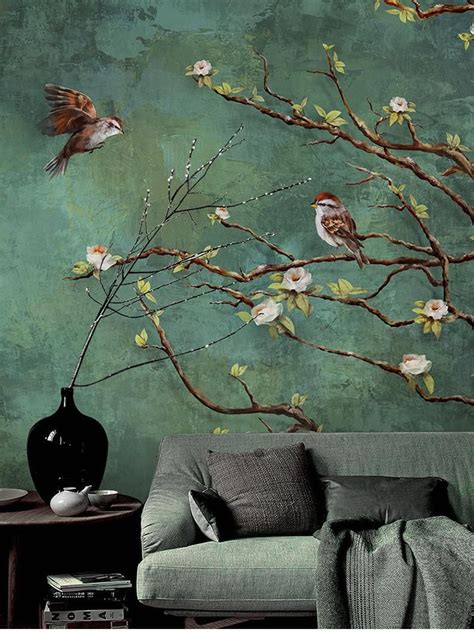 vintage donkere vogels en bloemen behang natuur etsy nederland artofit