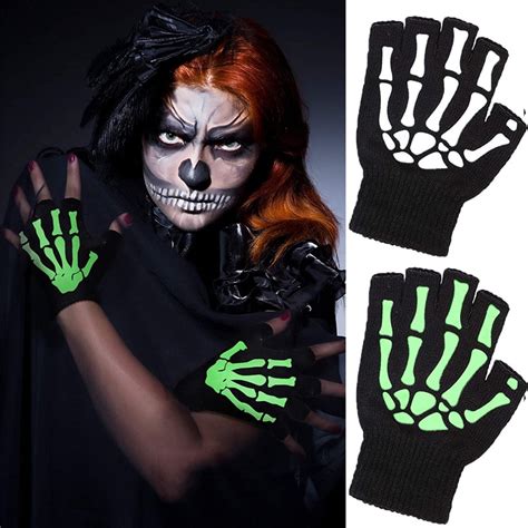 Halloween Skeleton Skull Half Finger Gloves Glow In The Dark Knitted