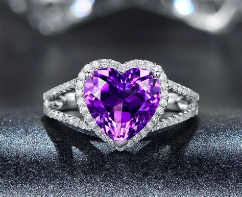 Heart Shaped Amethyst Engagement Ring Pave Diamond Wedding 14k White