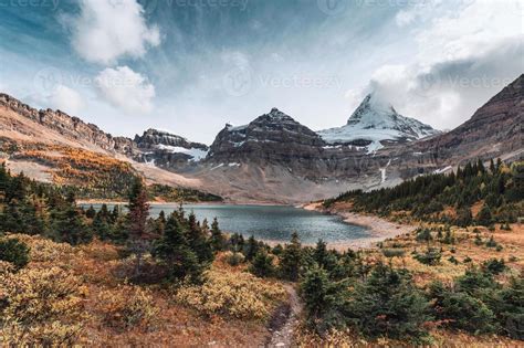 Scenery Of Mount Assiniboine With Lake Magog In Autumn Forest At