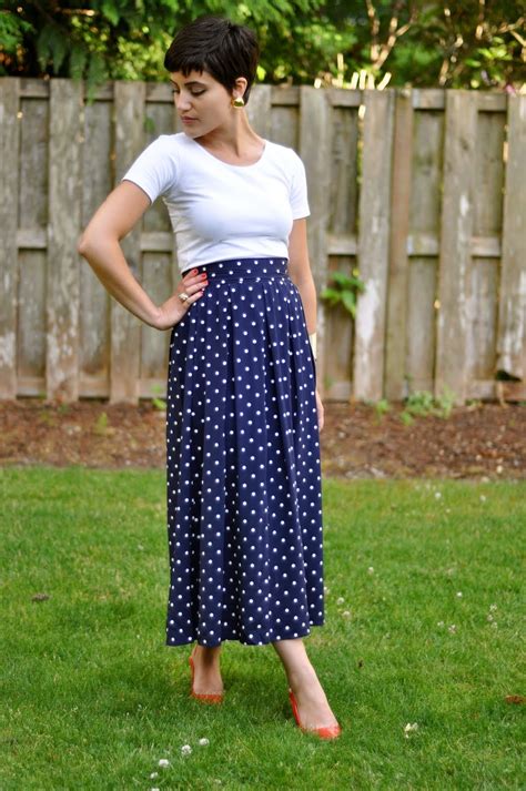 i own a stretchy navy and white polka dot maxi skirt similar to this it sits comfortably at my