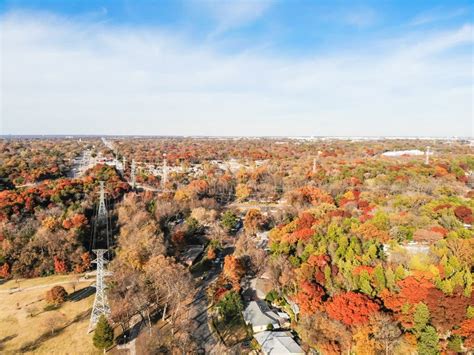 Top View Suburbs Dallas Houses Near Park Forest With Colorful Autumn
