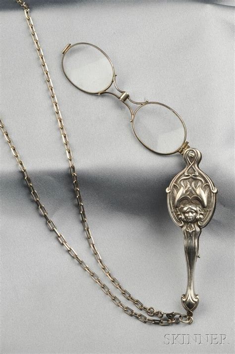 Art Nouveau Sterling Silver Lorgnette Krementz And Co With Mask And Tiger Lily Motifs Lg 7 In