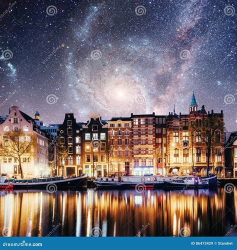 Beautiful Night In Amsterdam Illumination Of Buildings An Stock Image