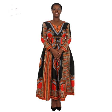 2017 Fashion Long Sleeve Deep V Neck Women African Kitenge Dress