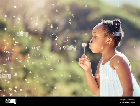 Happy Little African American Girl Blowing Dandelion Flower Outside