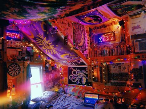 A Bedroom Decorated In Bright Colors With Lights And Decorations On The