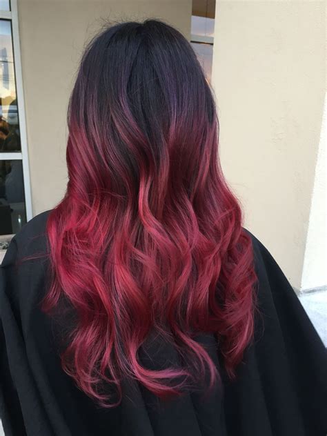 Balayage Dark Roots Fade Into Dark Purple And Then Fade Into Red