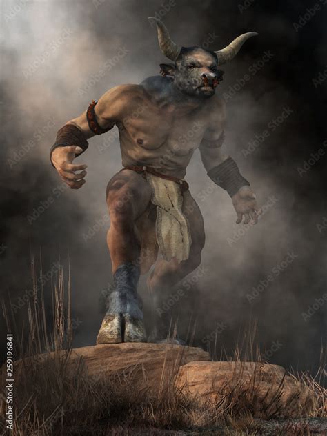 The Minotaur Half Man Half Bull Stands On A Rock In An Aggressive Stance A Monster Of Ancient