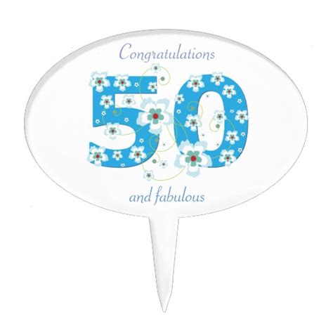 50th Birthday Congratulations Blue Flowers Custom Cake Topper