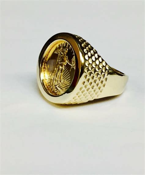 14k Gold Mens 20 Mm Coin Ring With A 22 K 110 Oz American Eagle Coin
