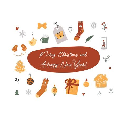 Merry Christmas And Happy New Year Card Cute Flat Style Vector