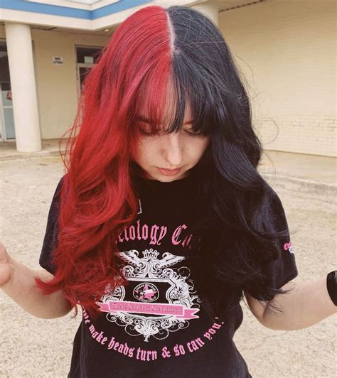 Half And Half Hair Color Red And Black Split Dyed Hair Half Colored