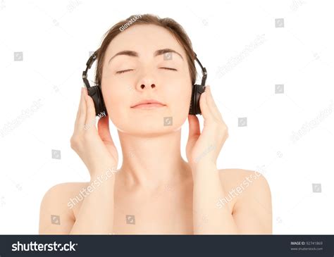 Beautiful Nude Woman Headphones Enjoying Music Stock Photo