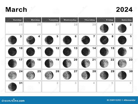 March 2024 Lunar Calendar Moon Cycles Stock Illustration