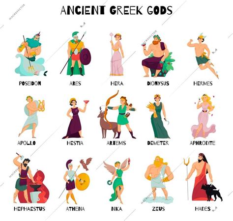 Colorful Cartoon Icons Set With Male And Female Ancient Greek Gods And